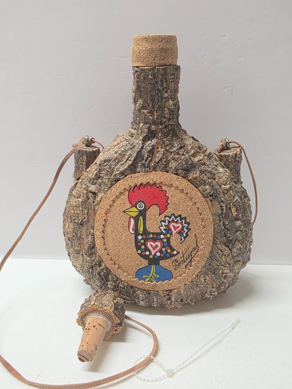 Vintage Portuguese Cork Bark Canteen Decanter Bottle Painted Rooster